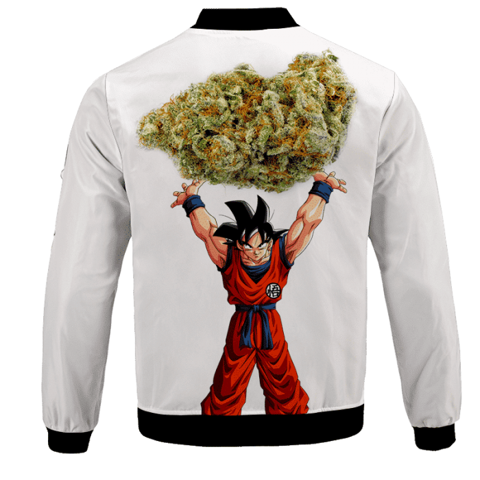 DBZ Goku Spirit Bomb Ganja Weed White Bomber Jacket BACK - Dragon Ball Z Store